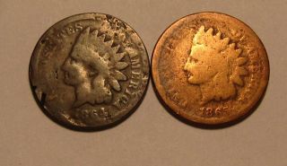 1864 No L & 1865 Indian Head Cent Penny - Circulated - 123su