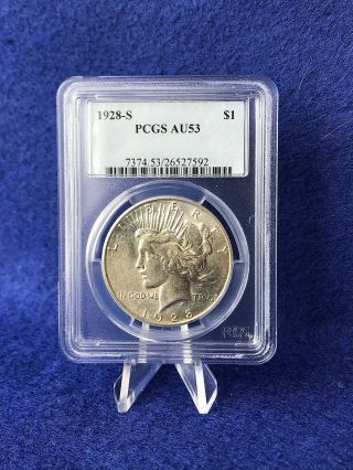 1928 - S Peace Silver Dollar $1 Pcgs Au53 About Uncirculated " White Coin "