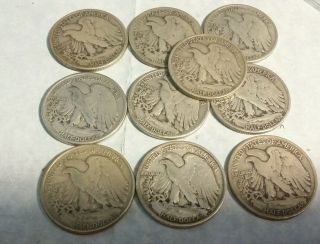 10 Walking Liberty Half Dollars $5 Face Value 90 Silver Coins Circulated