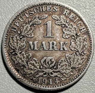 Germany 1914d 1 Mark.  900 Silver Coin.  Higher Grade. 2