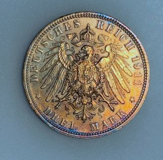 German States Bavaria 3 Mark 1911 D Km 998 Xf