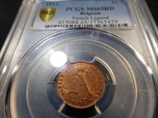 J14 Belgium 1912 Centime French Legend Pcgs Ms - 65 Full Red