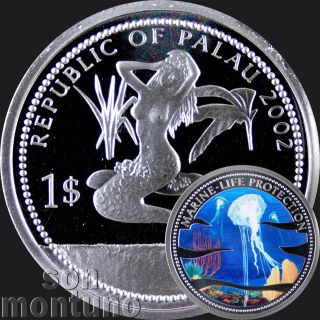 2002 Palau $1 Sanderia Jellyfish Marine Life Protection Silver Plated Cuni Coin