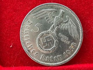 German Nazi Silver Coin 1938 E 5 Reichsmark.  900 Silver Big Swastika