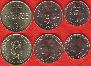 Sweden Set Of 3 Coins: 1 - 5 Kronor 2016 " Carl Xvi Gustaf " Unc