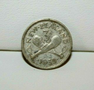 1939 Zealand 3 Pence Silver Coin Km 7