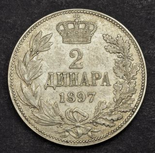 1897,  Kingdom of Serbia,  Alexander I.  Attractive Silver 2 Dinara Coins.  XF - AU 2