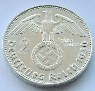 German 2 Reichsmark 1936 D Swastika Hindenburg Silver Coin 3rd Reich Ww2 Mark