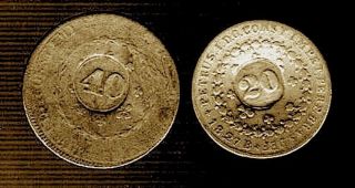 2 Brazil 1800s Countermarked Copper 20/10,  40/20 Reis 1827b 1835 Ppdus