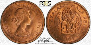 1962 Zealand Half Penny Pcgs Ms65rd Toned Only One Graded Higher