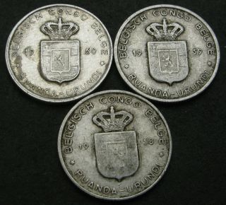 Belgian Congo (ruanda Urundi) 1 Franc 1958/1960 - Aluminum - 3 Coins.  - 470