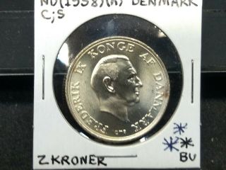 1958 (h) C S Denmark 2 kroner silver coin,  Uncirculated 4