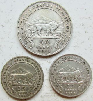 British East Africa & Uganda 3 Silver Coins 1906 1912 25c 1913 50c