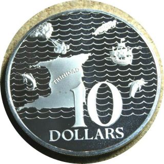 Elf Trinidad & Tobago 10 Dollars 1975 Silver Proof Map Ship