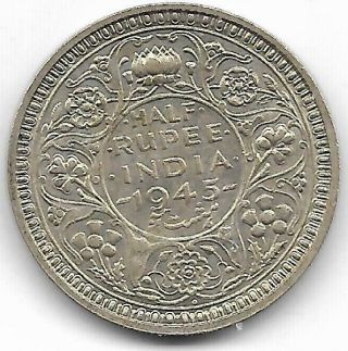 British - India 1945 1/2 Rupee Coin - Extra Fine - $12 Value