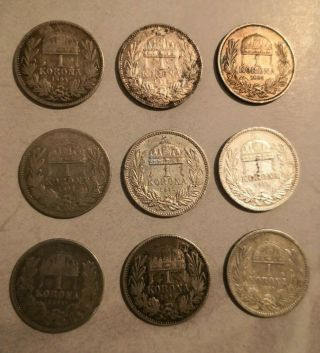Hungary 9 Silver Coins 1 Korona
