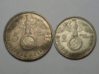 2 Nazi Germany Silver Coins: 1936 - F 5 Mark & 1938 - B 2 Mark.  142