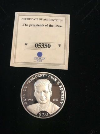 American Republic Of Liberia U.  S.  Presidents John F Kennedy $20 Silver Coin