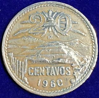 Vintage 1960 Mexico Teotihuacán 20 Centavo Coin Xf
