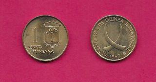 Equatorial Guinea Rep 1 Peseta 1969 Unc Crossed Tusks,  Date Below,  Denomination At