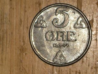 Norway 1944 5 Ore Coin Very Fine