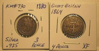 1864 Great Britain 4 Pence (groat) & 1880 3 Pence Coins.  925 Silver Extra Fine
