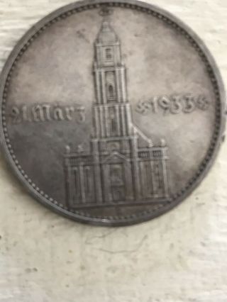 German 5 Reichsmark 1934 First Nazi Coin Ever Potsdam Church Date Silver 3rd Ww2