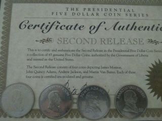 First 16 US Presidents - Republic of Liberia 2000 Five Dollar Coins with ' s 4