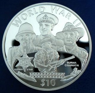 Liberia: 1997 $10 " Ww2 " (l) 1 Tr Oz.  999 Silver Proof,  Cap,  Cert - Top Grade