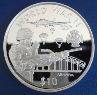 Liberia: 1997 $10 " Ww2 " (d) 1 Tr Oz.  999 Silver Proof,  Cap,  Cert - Top Grade