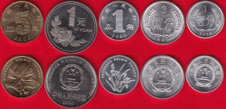 China Set Of 5 Coins: 1 Fen - 1 Yuan 1987 - 2008 Unc
