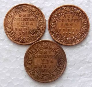 British India 1934,  1936,  1913 Kgv 1/4 Annas 3 Coins.  Coin - 245