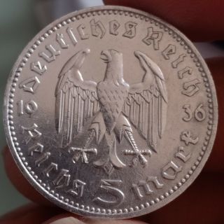 Xxrare German 5 Reichsmark 1936 F.  900/1000 Silver Coin