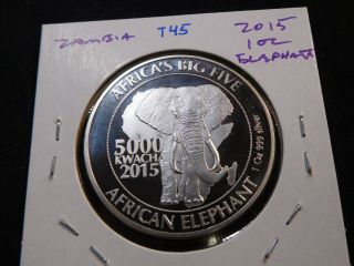 T45 Africa Zambia 2015 Silver 1 Oz.  Elephant 5000 Kwacha Proof