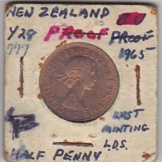 1965 Zealand 1/2 Half Penny Coin Bronze 25.  4 Mm.  Last Year Of Minting.
