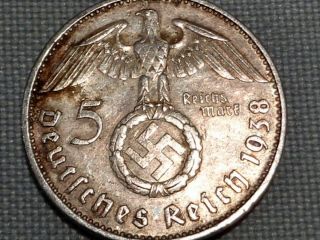 Third Reich Nazi Wwii Hitler Silver 1938 E Muldenhutten 5 Reichs Mark Swastika