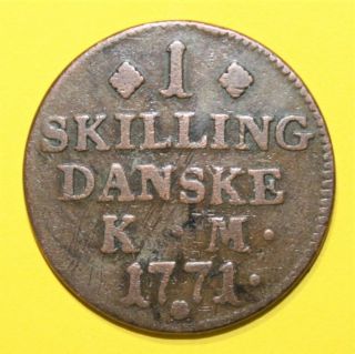 Denmark 1 Skilling 1771 Fine / Very Fine Copper Coin