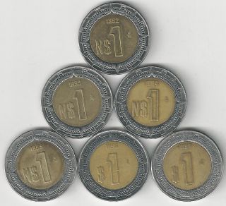 6 Bi - Metal 1 Peso Coins From Mexico (1992,  1993,  1994,  1995,  1996 & 1997)