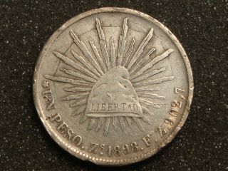 1898 Zs Fz Mexico Silver Un 1 Peso Crown Size Coin Vf Huge Die Crack