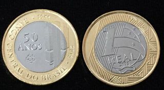Brazil 1 Rial 50 Year Central Bank Comm.  Bi - Metallic 2015 Coin Unc