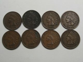 8 Vf/xf Indian Head Pennies - Full Liberty.  1900 (2),  1903,  1905,  1906 (2),  1907 (2).  44