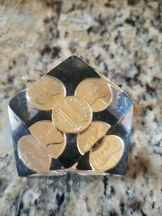 Vintage Lucite Paperweight W/ 1974 Us Pennies Gold Tint Coins