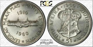 1960 South Africa Five Shillings Pcgs Ms65 Luster Coin Top Pop 6 Graded Hiigher