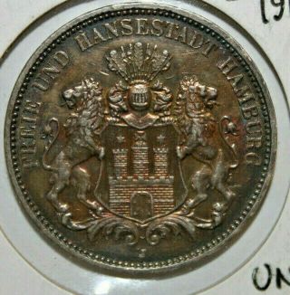 1913 J German State Hamburg 3 Mark Km 620 Uncirculated Silver Coin Eagle