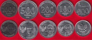Indonesia Set Of 5 Coins: 100 - 1000 Rupiah 1999 - 2016 Unc