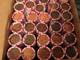 Unsearched 25 Rolls Lincoln Cents 1250 Pennies,  Some Copper Bullion Pennies