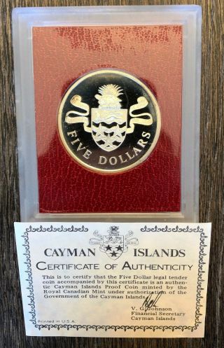 1975 Cayman Islands $5 Five Dollar Proof 925 Silver Coin With