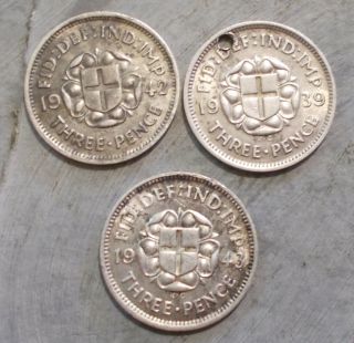 3 Silver British Threepence 8,  1939,  1942,  1943