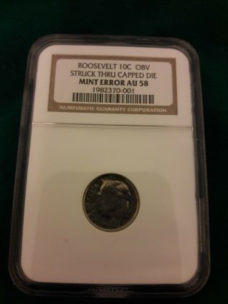 Roosevelt Dime Error 10c Obv Struck Thru Capped Die Coin AU 58 NGC. 3