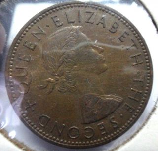 Zealand 1959 Coin One Penny Large Cent Queen Elizabeth Birds Bronze